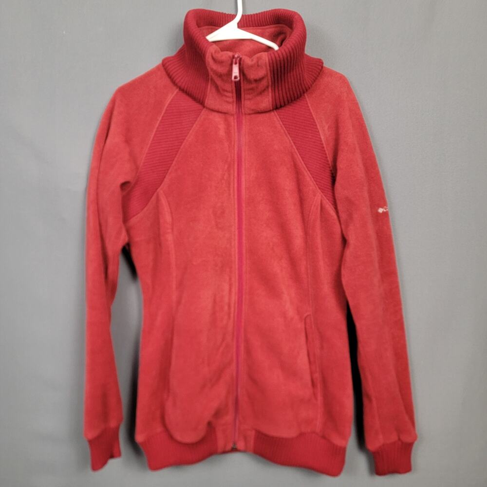 Columbia Red Fleece Jacket Rib Knit Trim Zip Mock Neck Outdoor Layer L